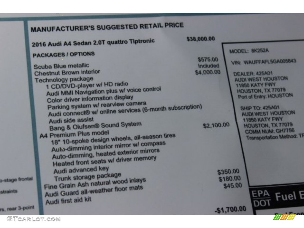 2016 A4 2.0T Premium Plus quattro - Scuba Blue Metallic / Chestnut Brown photo #9