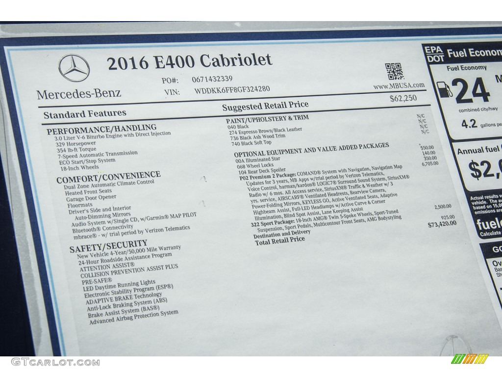 2016 Mercedes-Benz E 400 Cabriolet Window Sticker Photo #107072146