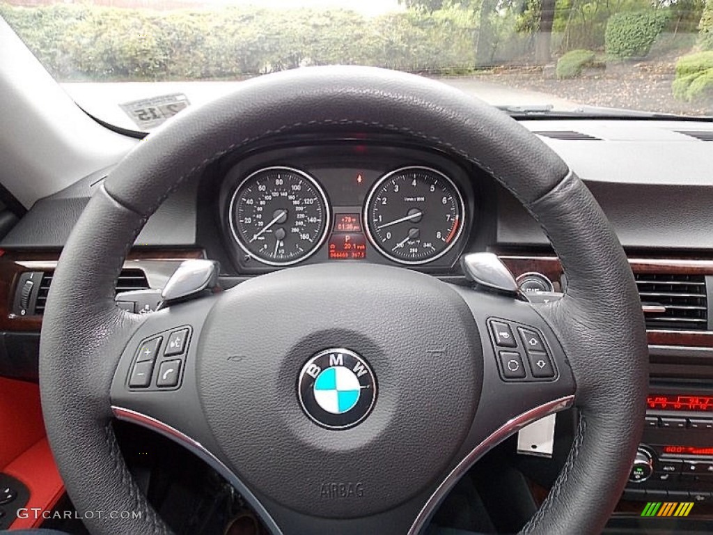 2010 BMW 3 Series 335i xDrive Coupe Coral Red/Black Dakota Leather Steering Wheel Photo #107112743
