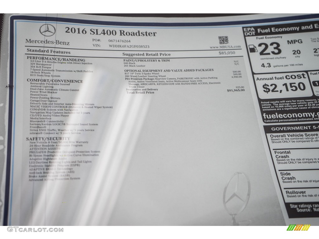 2016 Mercedes-Benz SL 400 Roadster Window Sticker Photo #107115944