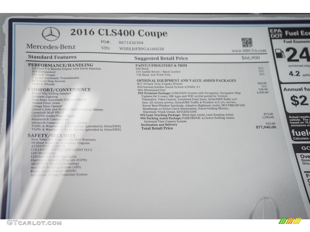 2016 Mercedes-Benz CLS 400 Coupe Window Sticker Photo #107117141