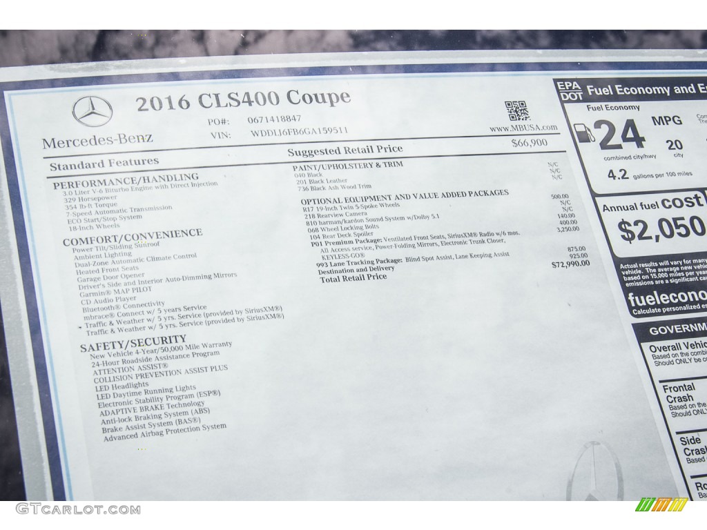 2016 Mercedes-Benz CLS 400 Coupe Window Sticker Photo #107118044