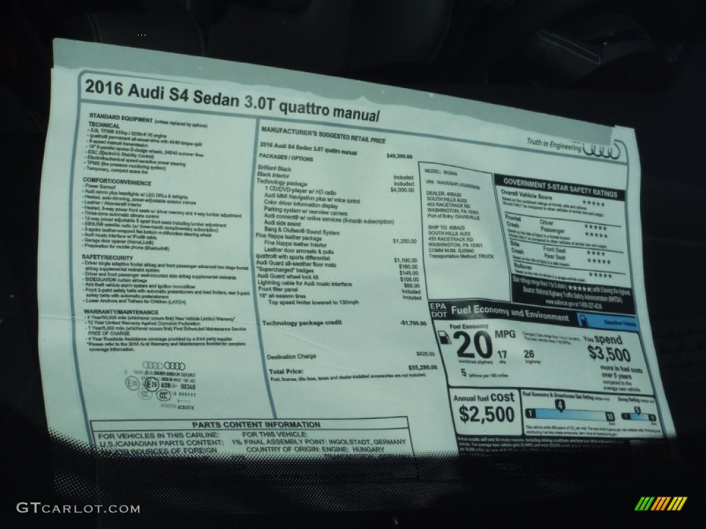 2016 Audi S4 Premium Plus 3.0 TFSI quattro Window Sticker Photo #107159213