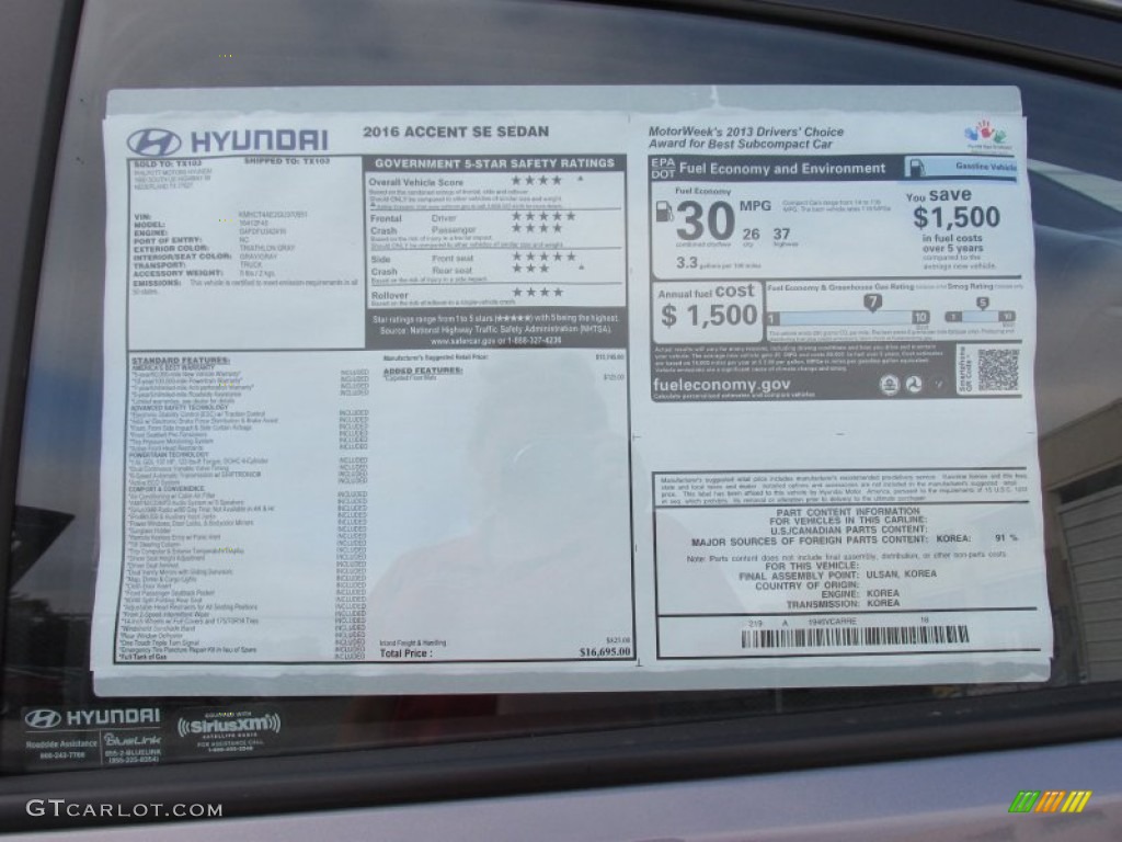 2016 Hyundai Accent SE Sedan Window Sticker Photos