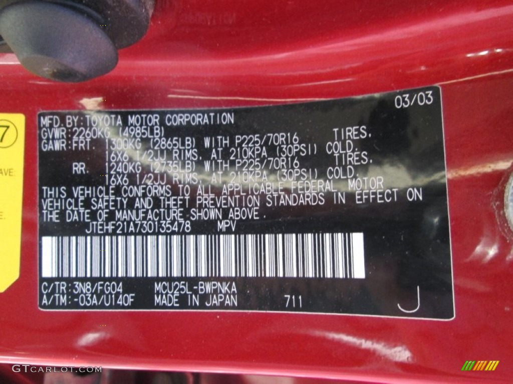 2003 Toyota Highlander V6 4WD Color Code Photos