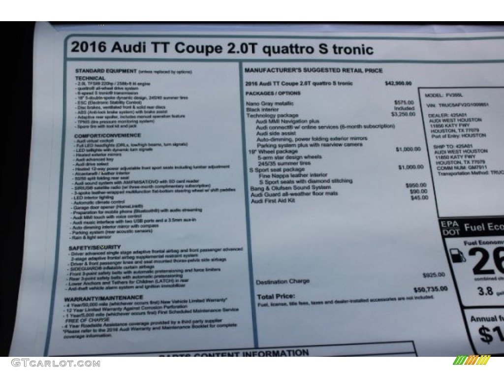 2016 Audi TT 2.0T quattro Coupe Window Sticker Photo #107180930