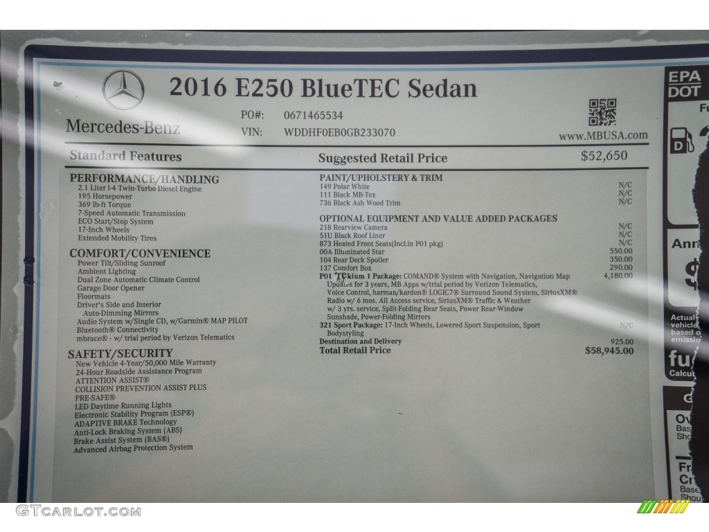2016 Mercedes-Benz E 250 Bluetec Sedan Window Sticker Photo #107189681