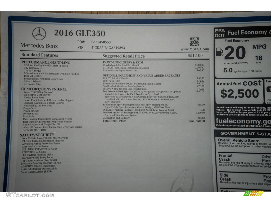 2016 Mercedes-Benz GLE 350 Window Sticker Photo #107190086