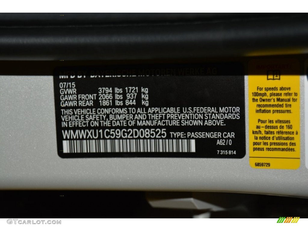 2016 Hardtop Color Code A62 for White Silver Metallic Photo #107225993