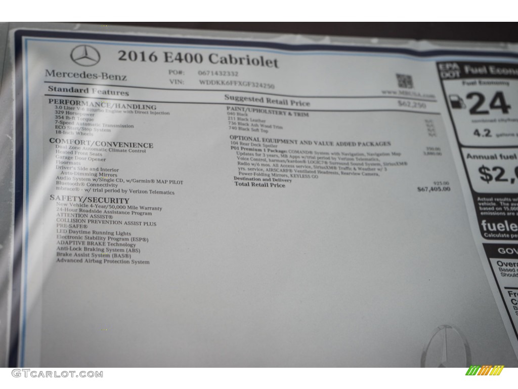 2016 Mercedes-Benz E 400 Cabriolet Window Sticker Photo #107236166