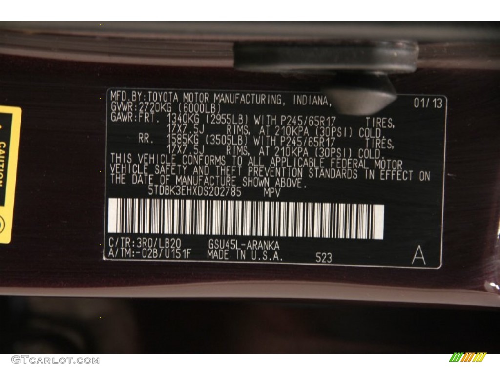 2013 Toyota Highlander SE 4WD Color Code Photos