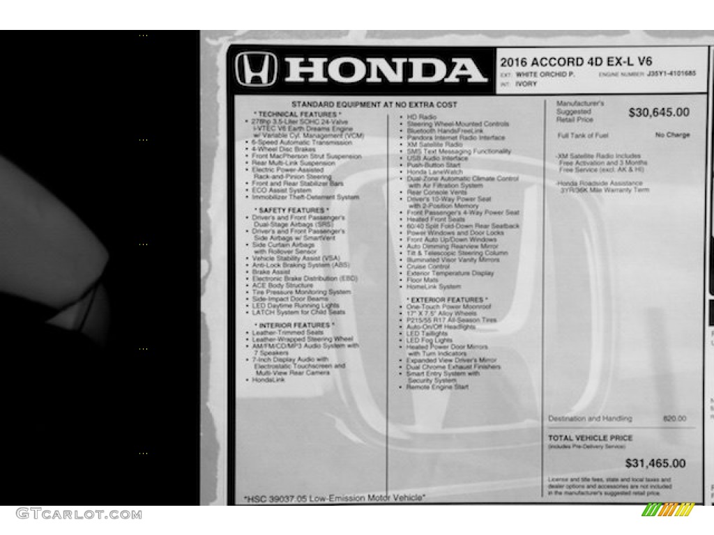 2016 Honda Accord EX-L V6 Sedan Window Sticker Photo #107251352