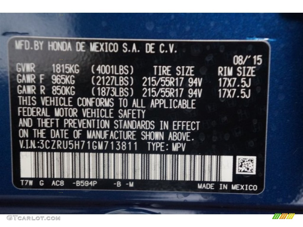 2016 Honda HR-V EX-L Navi Color Code Photos