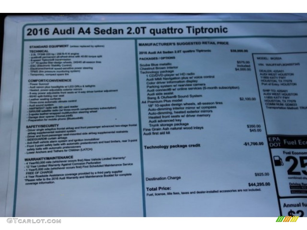 2016 A4 2.0T Premium Plus quattro - Scuba Blue Metallic / Chestnut Brown photo #8