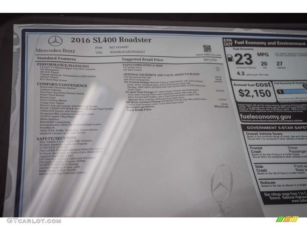 2016 Mercedes-Benz SL 400 Roadster Window Sticker Photo #107297105