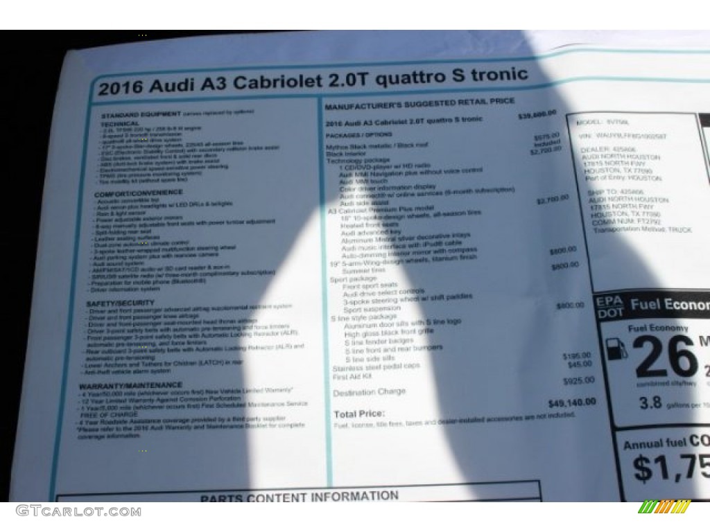 2016 Audi A3 2.0 Premium Plus quattro Cabriolet Window Sticker Photo #107302712