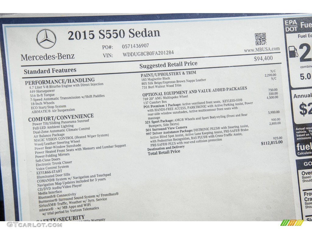 2015 Mercedes-Benz S 550 Sedan Window Sticker Photo #107315921