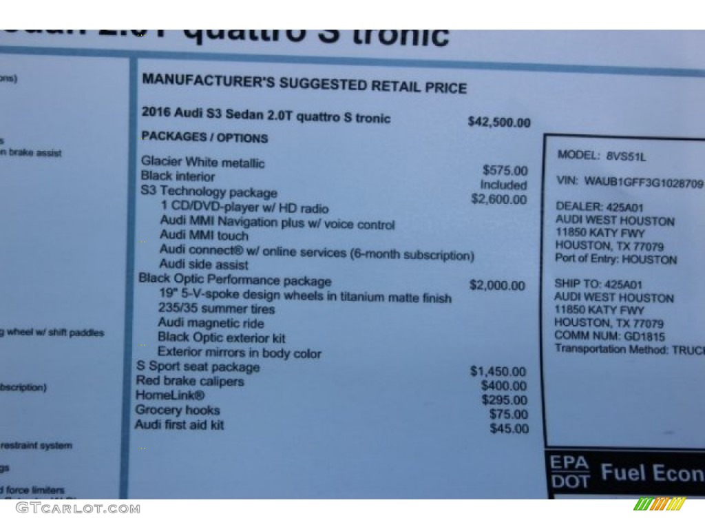 2016 Audi S3 2.0T Premium Plus quattro Window Sticker Photo #107363095