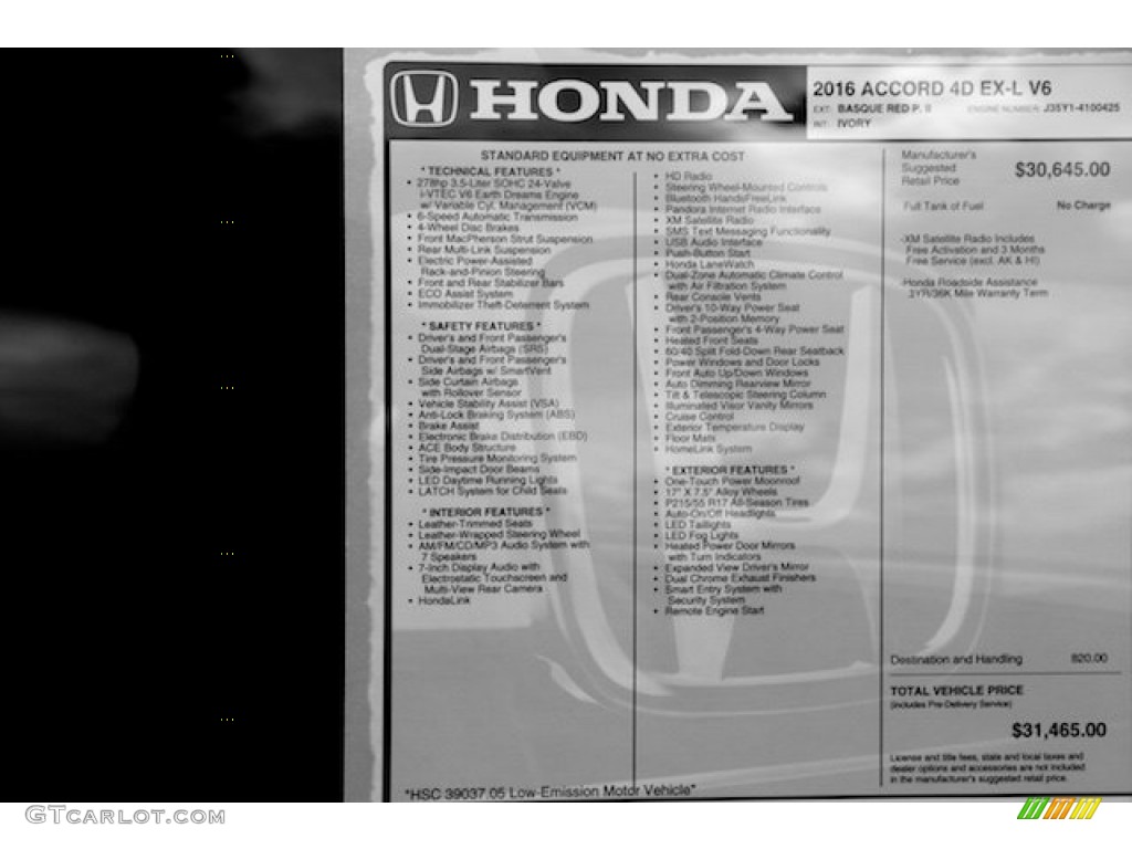 2016 Honda Accord EX-L V6 Sedan Window Sticker Photo #107370022