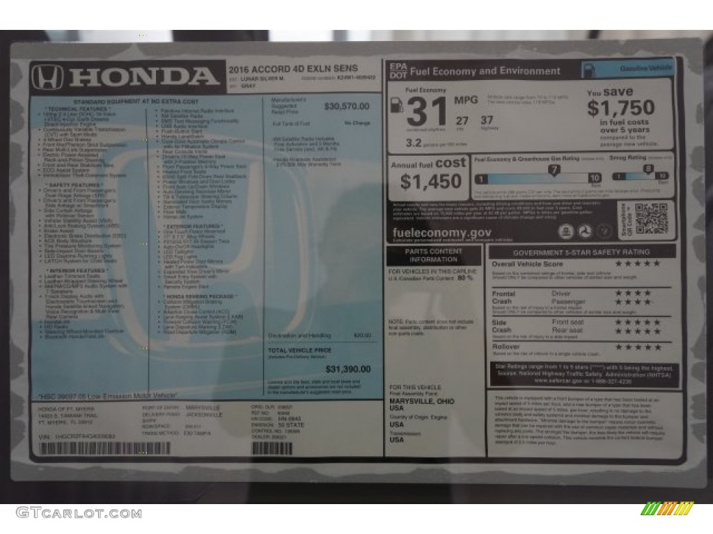 2016 Honda Accord EX-L Sedan Window Sticker Photo #107380367