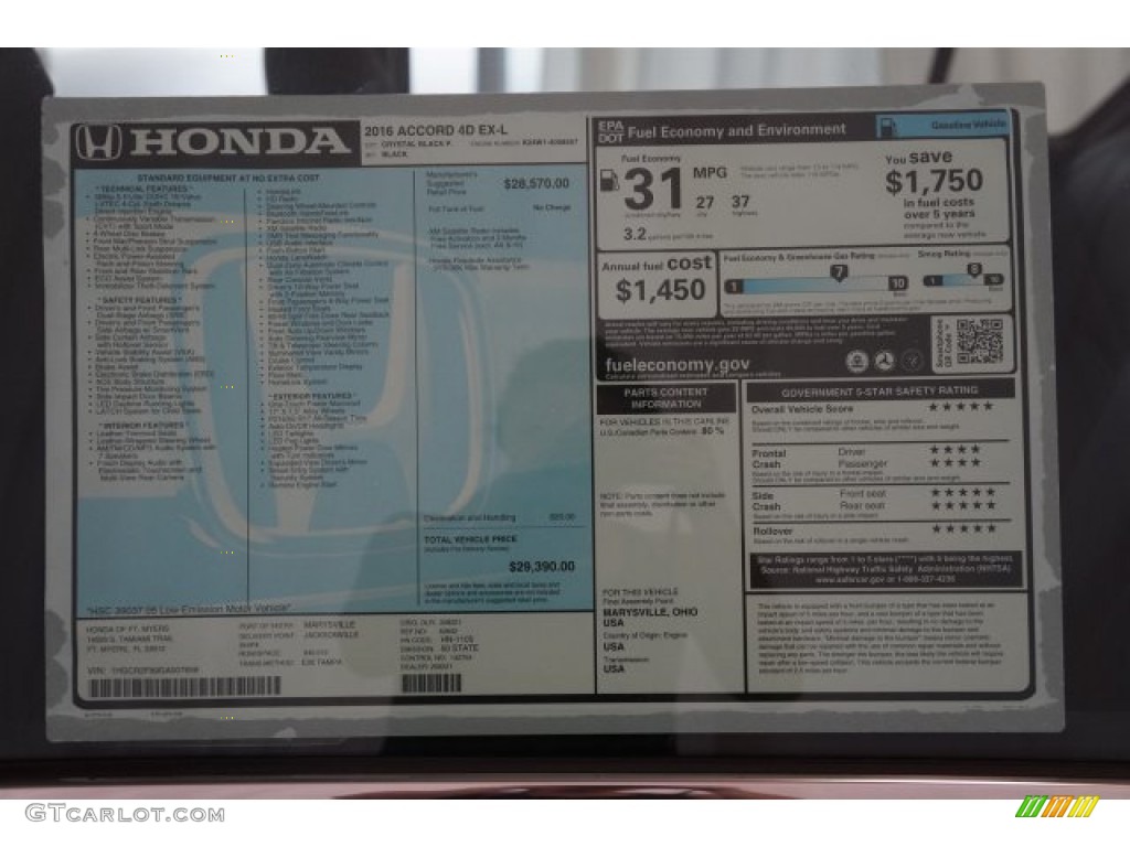 2016 Honda Accord EX-L Sedan Window Sticker Photo #107382611
