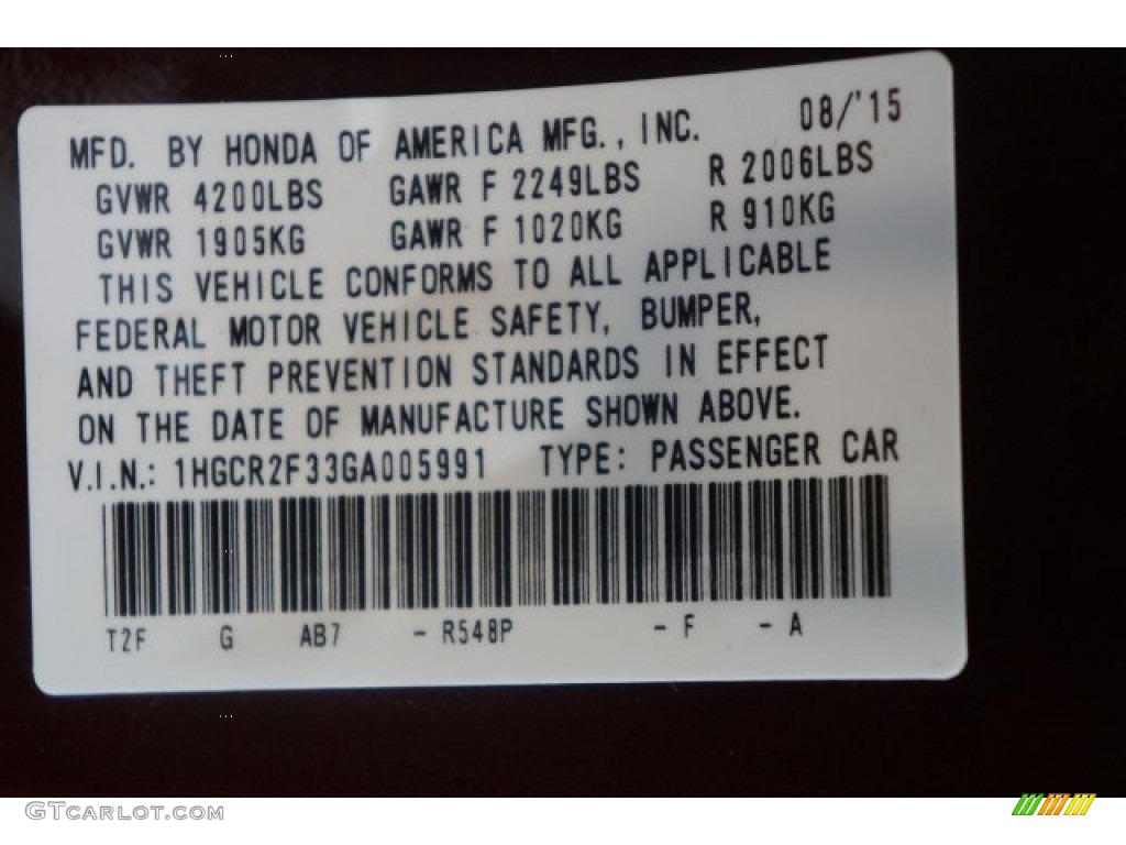 2016 Accord Color Code R548P for Basque Red Pearl II Photo #107383919