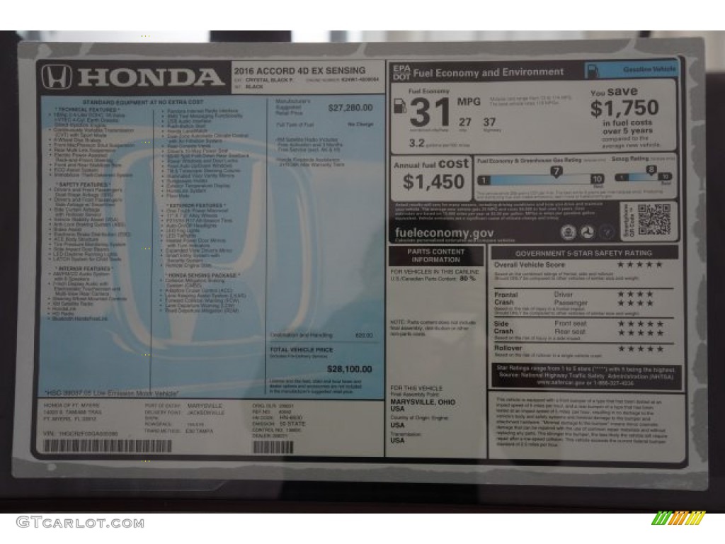 2016 Honda Accord EX Sedan Window Sticker Photo #107384033