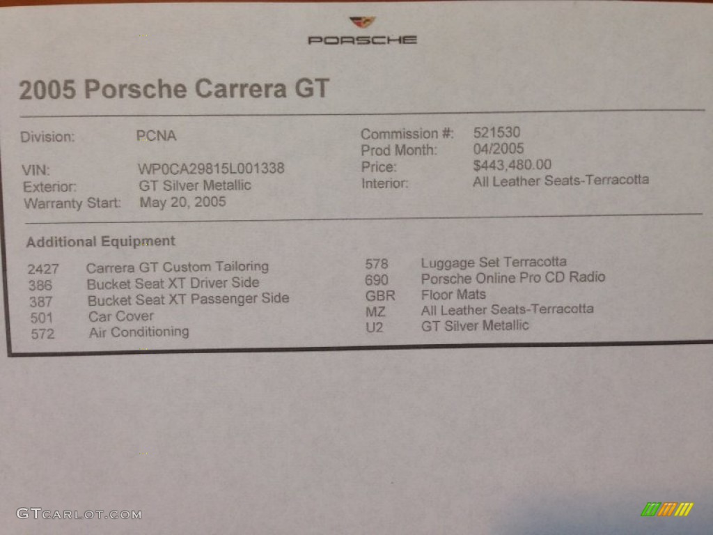 2005 Porsche Carrera GT Standard Carrera GT Model Window Sticker Photos