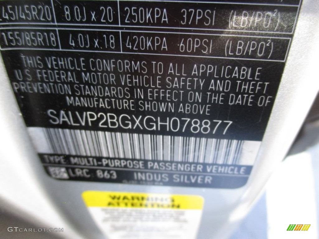 2016 Range Rover Evoque Color Code 863 for Indus Silver Metalllic Photo #107389175