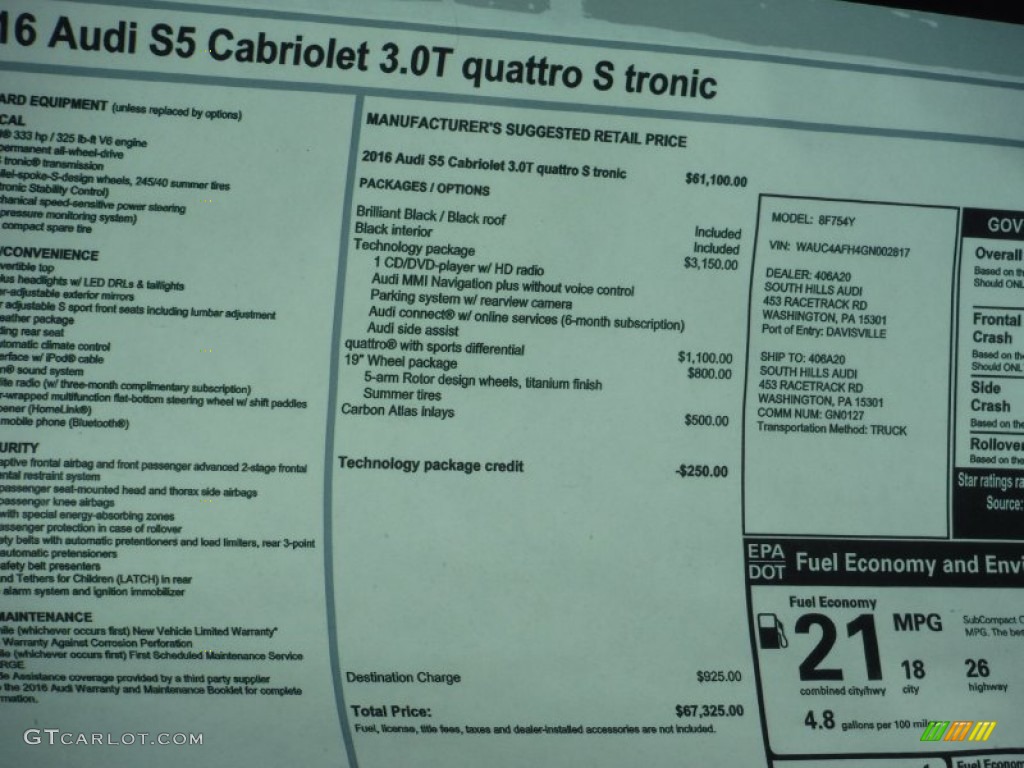 2016 Audi S5 Premium Plus quattro Cabriolet Window Sticker Photos