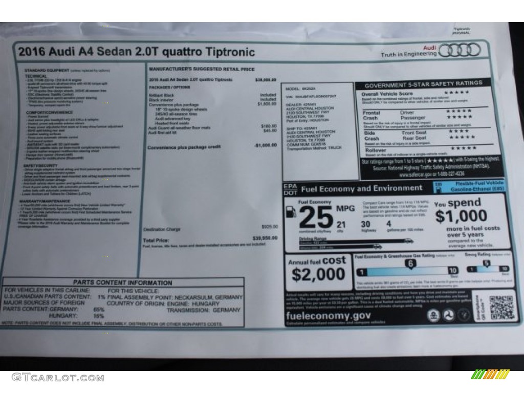 2016 Audi A4 2.0T Premium quattro Window Sticker Photo #107416817