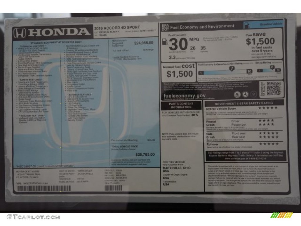 2016 Honda Accord Sport Sedan Window Sticker Photo #107427809