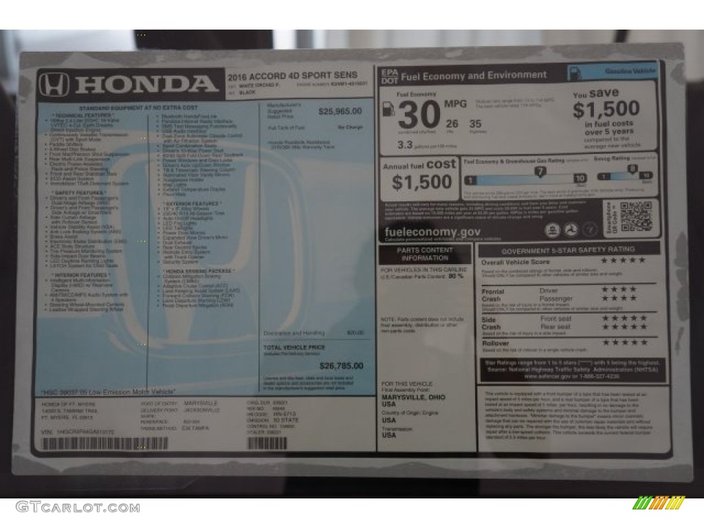 2016 Honda Accord Sport Sedan Window Sticker Photo #107427884