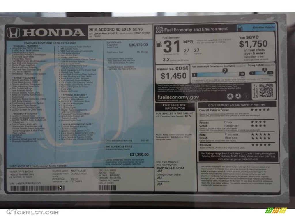 2016 Honda Accord EX-L Coupe Window Sticker Photo #107428037