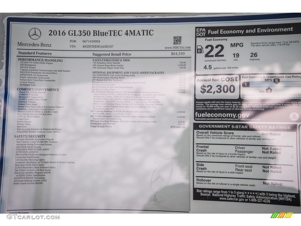 2016 Mercedes-Benz GL 350 BlueTEC 4Matic Window Sticker Photo #107535219