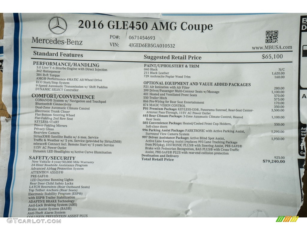 2016 Mercedes-Benz GLE 450 AMG 4Matic Coupe Window Sticker Photo #107538563