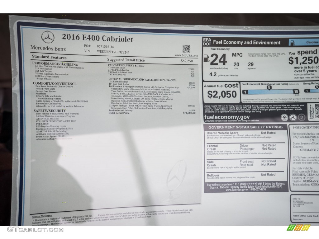 2016 Mercedes-Benz E 400 Cabriolet Window Sticker Photo #107556504