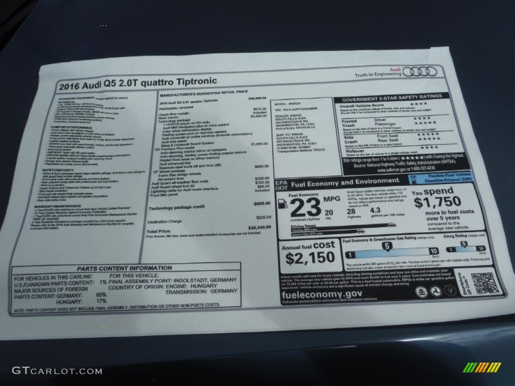 2016 Q5 2.0 TFSI Premium Plus quattro - Utopia Blue Metallic / Black photo #10