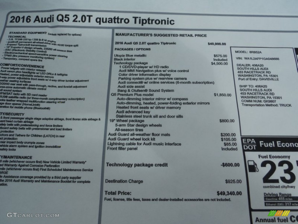 2016 Q5 2.0 TFSI Premium Plus quattro - Utopia Blue Metallic / Black photo #11