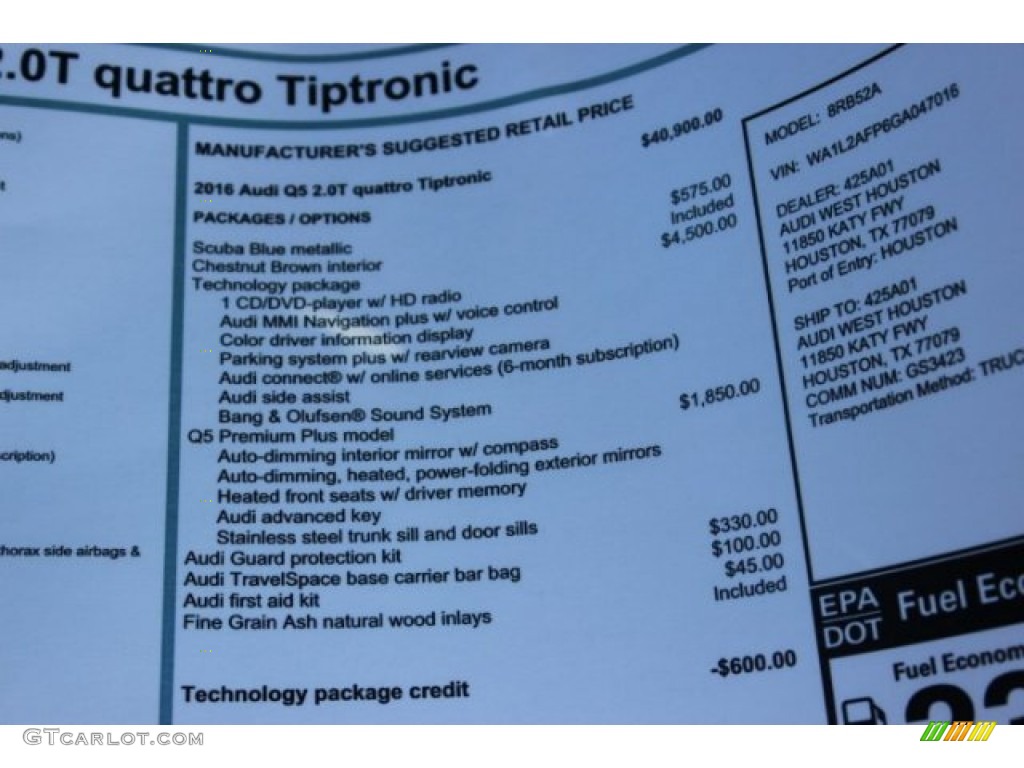 2016 Audi Q5 2.0 TFSI Premium Plus quattro Window Sticker Photos