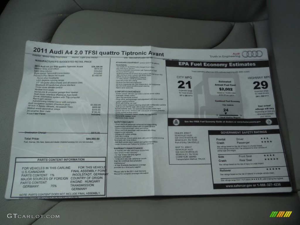 2011 Audi A4 2.0T quattro Avant Window Sticker Photo #107600872