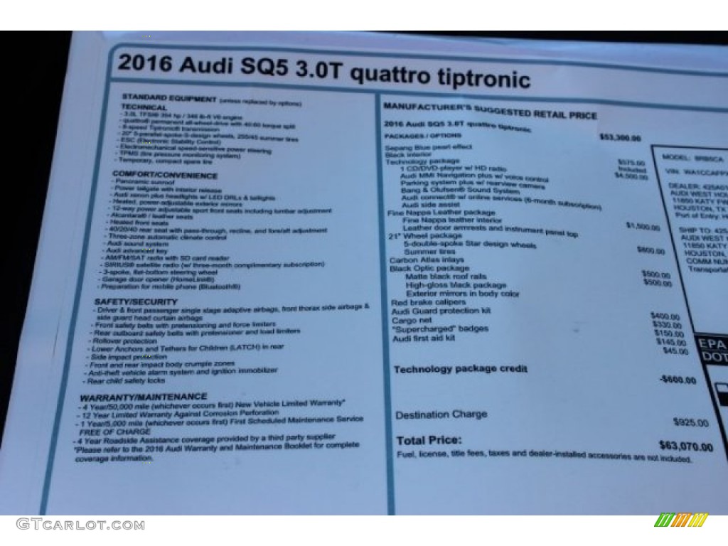 2016 SQ5 Premium Plus 3.0 TFSI quattro - Sepang Blue Pearl / Black photo #8