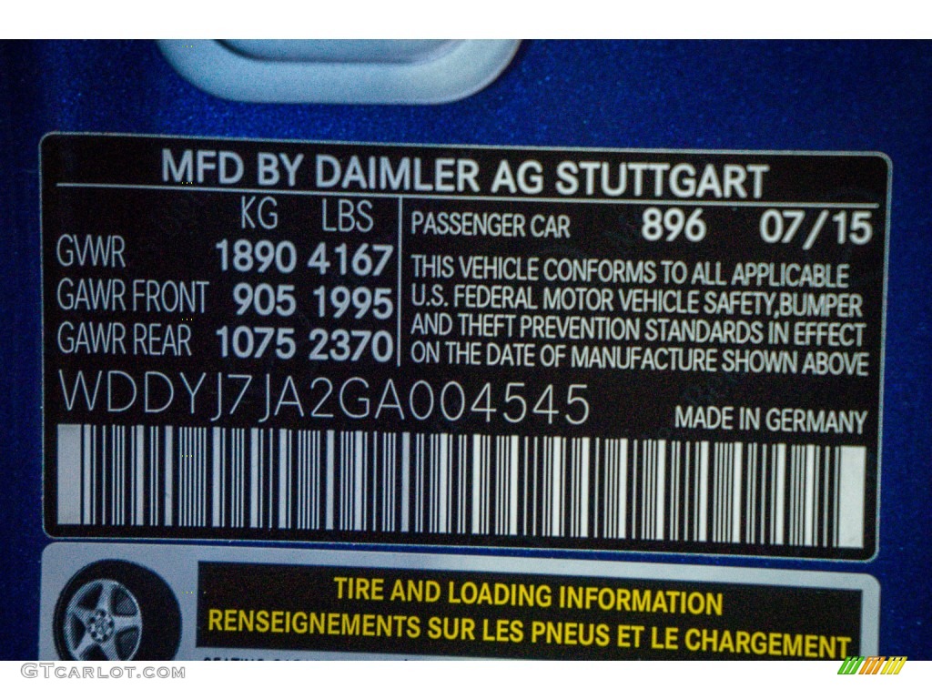 2016 AMG GT S Color Code 896 for Brilliant Blue Metallic Photo #107646890