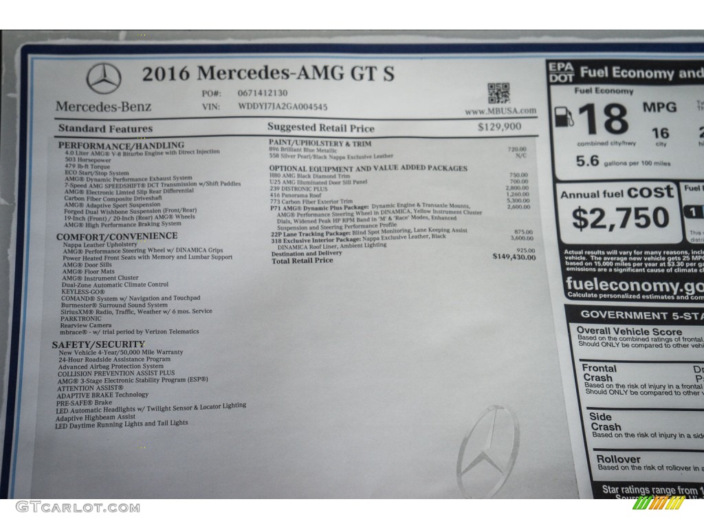 2016 Mercedes-Benz AMG GT S Coupe Window Sticker Photo #107647136