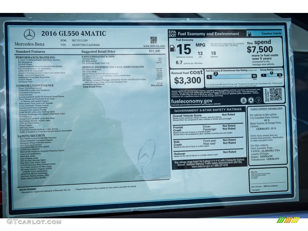 2016 Mercedes-Benz GL 550 4Matic Window Sticker Photo #107714631