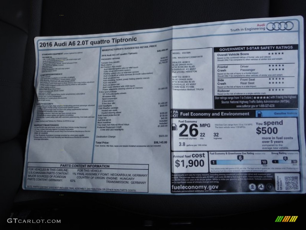 2016 Audi A6 2.0 TFSI Premium Plus quattro Window Sticker Photo #107739299