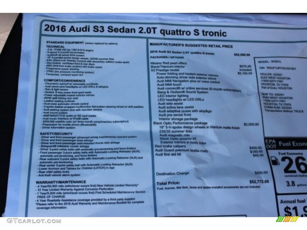 2016 Audi S3 2.0T Prestige quattro Window Sticker Photo #107739452