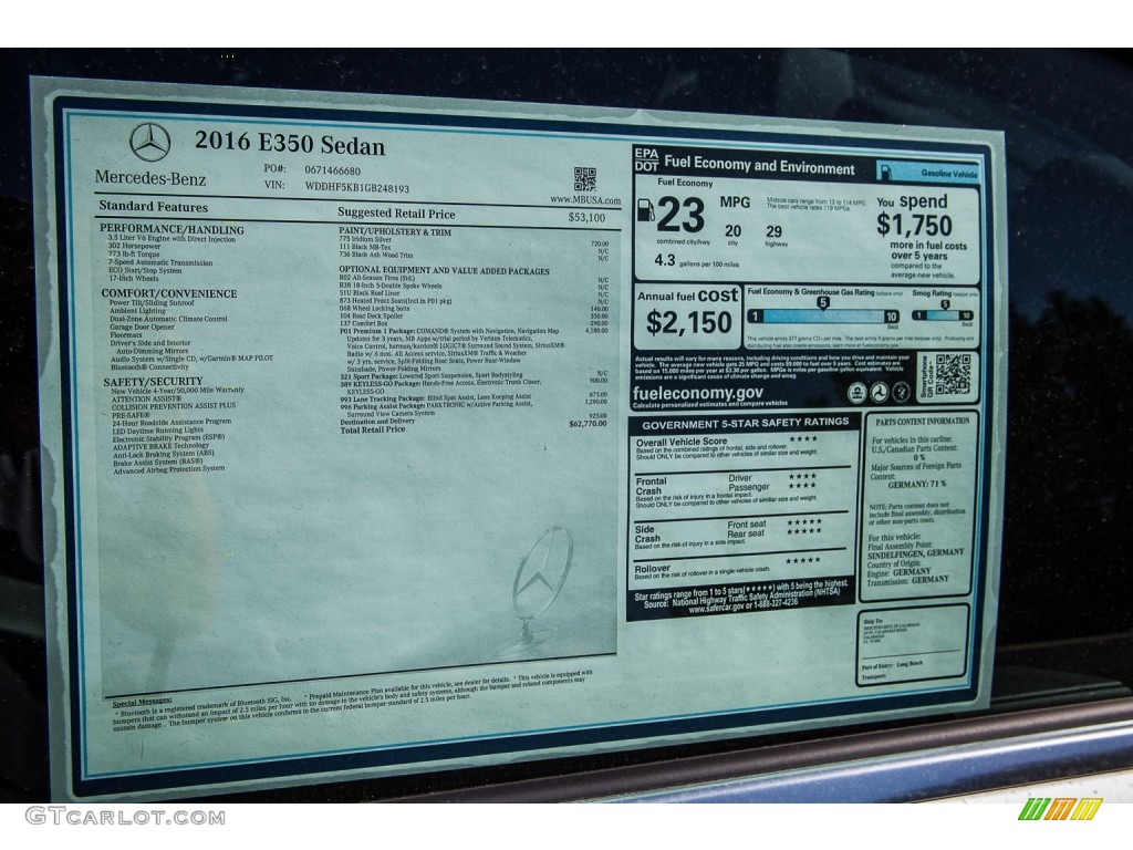 2016 Mercedes-Benz E 350 Sedan Window Sticker Photo #107752187