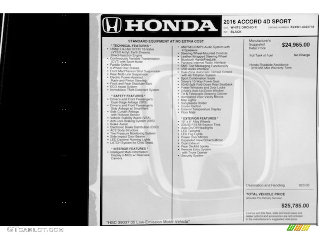 2016 Honda Accord Sport Sedan Window Sticker Photo #107845200