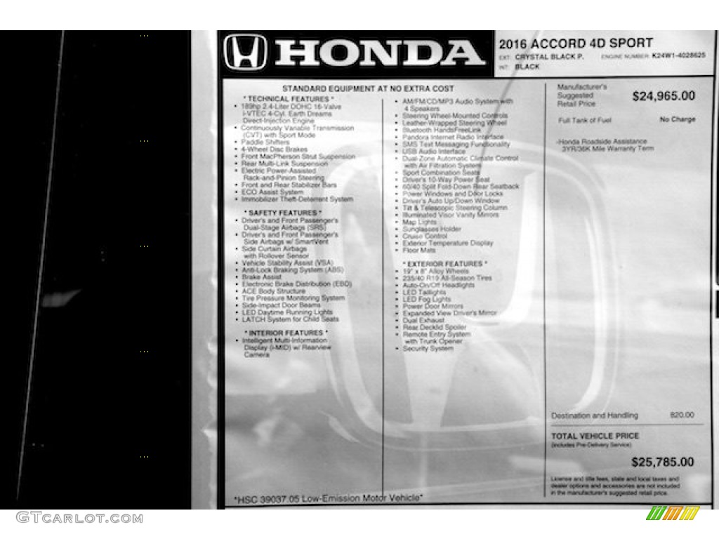 2016 Honda Accord Sport Sedan Window Sticker Photo #107845950